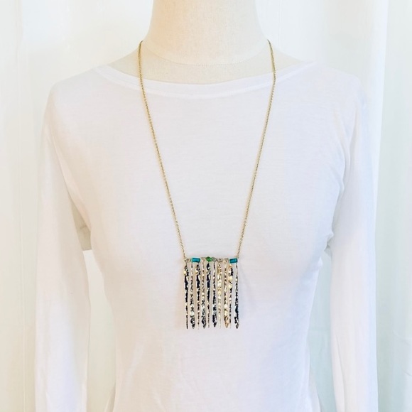 Alexis Bittar Gold Hammer Metal Fringe Gemstone Bar Turquoise Green Necklace - Picture 2 of 12